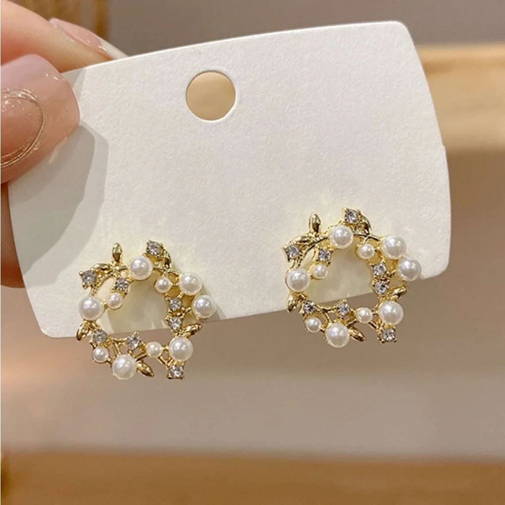 Faux Pearl and Diamond Floral Wreath Earrings